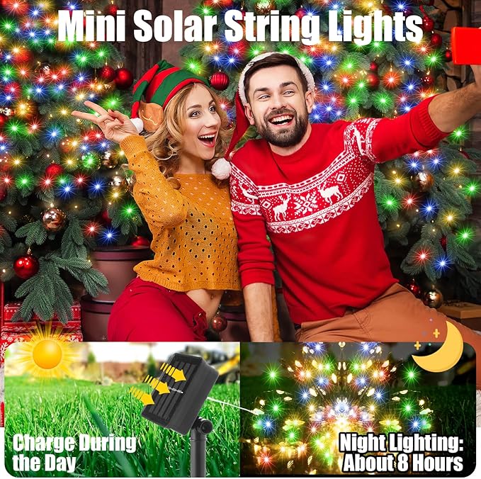12 Pcs Solar String Lights Solar Mini Teeny Tiny Fairy Firefly Twinkle Light Waterproof 16ft 50 LEDs Garden String for Outdoor Garden Backyard Christmas Decoration(Color Light)