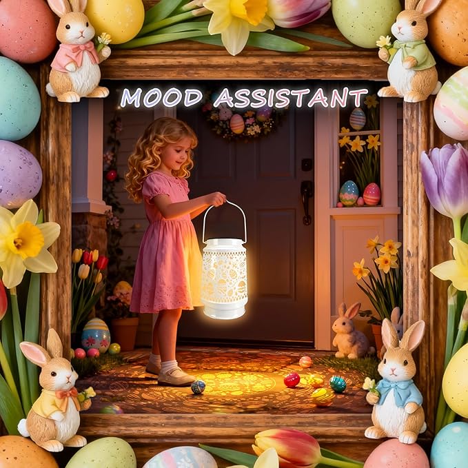 Easter Egg Decorations Outdoor Waterproof Solar Lantern Lights Tree Ornaments with Bunny Decor for Home, Garden, Patio, Yard, Lawn Porch Hanging Solar Light Easter Gifts for Kids Teens Women Adults