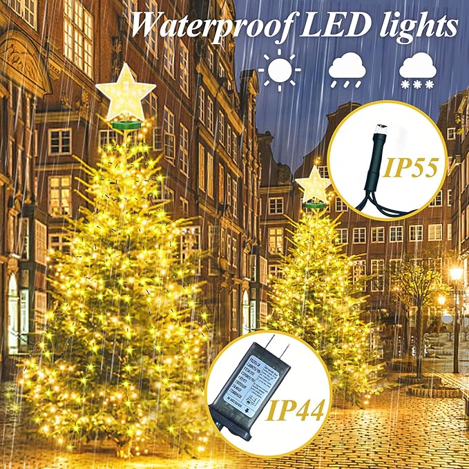 Aneeway Tree Lights with Star Toppers, 410 LED Christmas Lights, 8 Modes & Memory Function, 6.6FT x 16 String Lights, Remote Control & Timing for Ornaments - Warm White