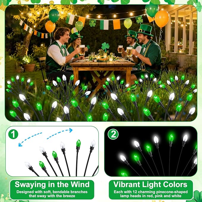 4 Pcs St Patricks Day Outdoor Decorations Solar Lights Waterproof Green 48 LED Swaying Pathway Firefly Stake Lights for Outside Yard Garden Lawn Decorations(Green White,Pine Cone)