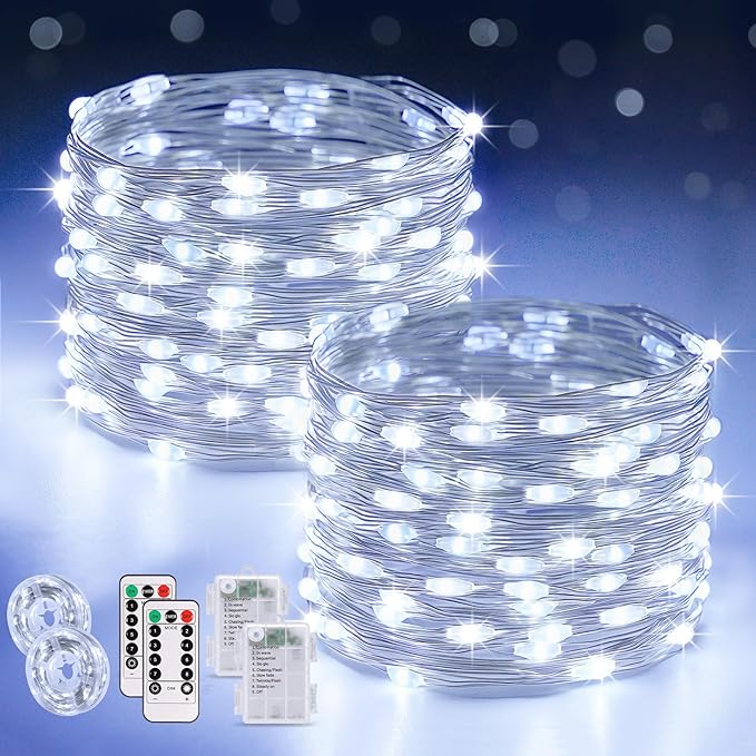 JMEXSUSS 2 Pack White Fairy Lights Battery Operated, Total 200 LED 66ft Twinkle Lights with Remote, 8 Mode White String Lights for Bedroom Ceiling Centerpiece Tree Indoor Outdoor Decor