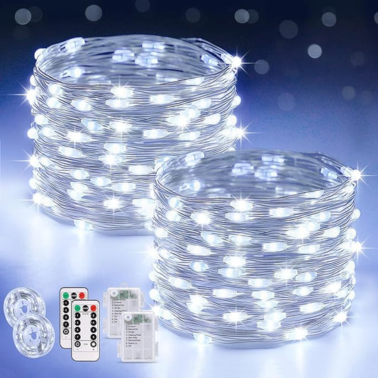 JMEXSUSS 2 Pack White Fairy Lights Battery Operated, Total 200 LED 66ft Twinkle Lights with Remote, 8 Mode White String Lights for Bedroom Ceiling Centerpiece Tree Indoor Outdoor Decor