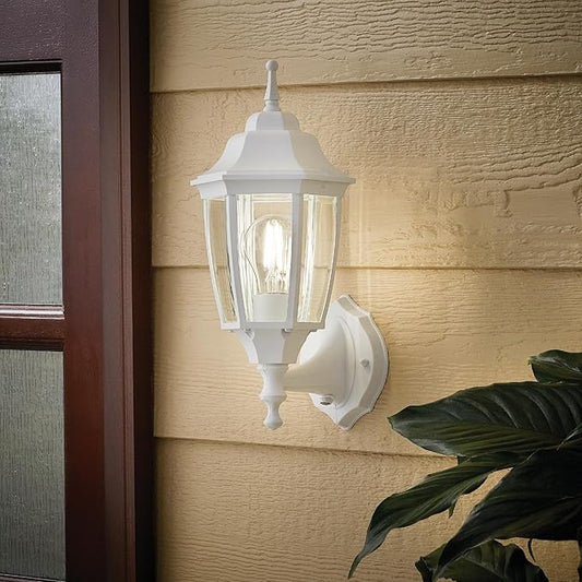 Photocell-Controlled Outdoor Wall Light – Die-Cast Aluminum & Glass Water-Resistant Exterior Fixture, Wet Location Rated, E26 Base (60W Max) for Porch, Garage, Garden(White)