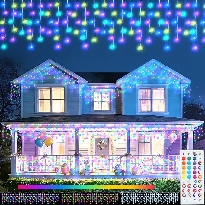 Pooqla Color Changing Icicle Lights with Remote, 34 Colors Christmas Outdoor Decoration, 165 LED 26.2 FT RGB Waterproof Hanging String Lights for Roof Window Home Party Easter Decorations