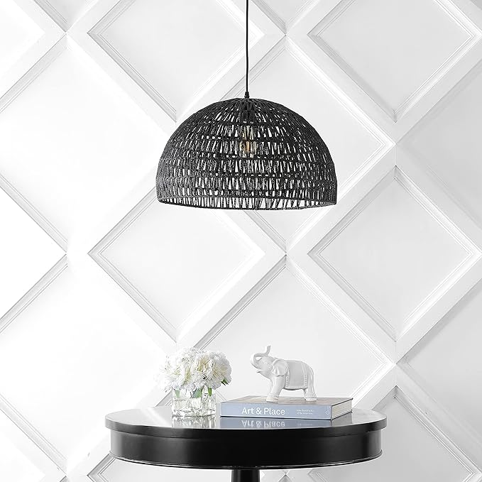JONATHAN Y 20" Black Modern Bohemian Woven Rope LED Pendant Light Fixture, Adjustable Dome Ceiling Lamp for Kitchen Island, Rope Shade, Coastal Farmhouse Decor (JYL6504C)