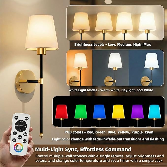 Wall Sconces Battery Operated Set of 2, Rechargeable Wall Sconce, 10 Colors Wireless Wall Sconces Set of Two, 5200mAh Dimmable Bulbs and Remote, for Bedroom Living Room, Hallway (Black-Gold - 24 inch)