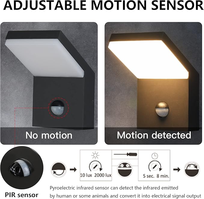 2 Pack Motion Sensor Porch Light Outdoor Wall Mount Black Exterior Light Fixture LED Modern Wall Sconce for House Garden Patio Garage IP54 Waterproof 1800lm 18W 3000K Warm White