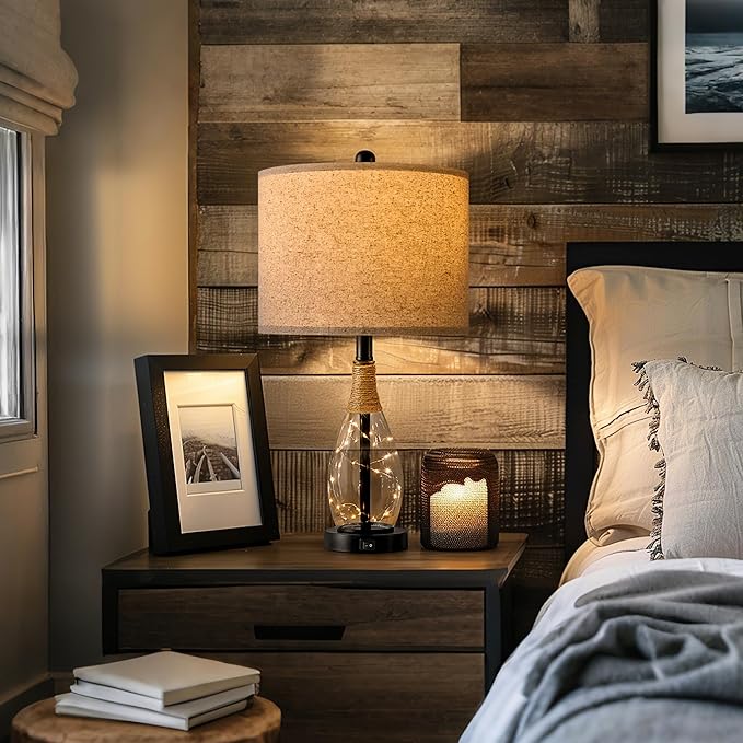 OYEARS 23" Farmhouse Table Lamps for Living Room,Boho Rattan Bedside Lamps with USB-C & USB-A Ports, Glass Nightlight, Dual Light Sources, Black