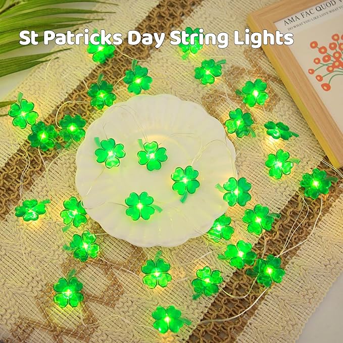 St Patricks Day Decorations Green Shamrocks String Lights 10 ft 30 LEDs Battery Operated, Lucky Clover Fairy Lights, Green Lights for Porch Fireplace Golf cart, St. Patrick's Day Decoration