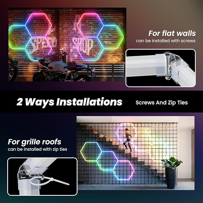 RGB Hexagon LED Light 3-Grid | Hexagon Garage Lights | 356 Color Modes | Music Sync | Smart App & Remote Control | Gaming Room Garage Bedroom Lighting