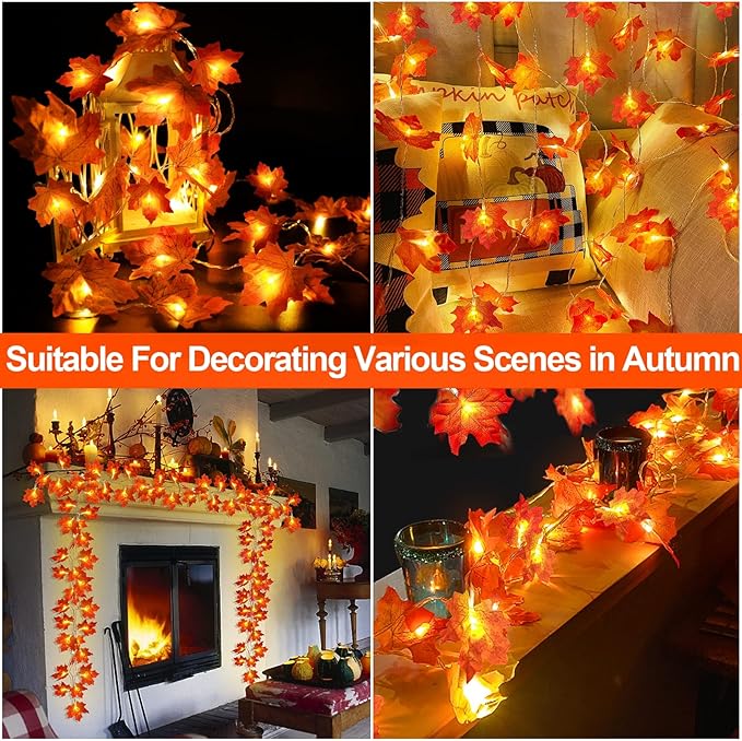 TURNMEON 2 Pack Fall Decor Enlarged Maples Leafed Lights Total 20Ft 40LED Fall Decorations for Home, Battery Operated Autumn Garland Waterproof Indoor Outdoor Holiday Halloween Thanksgiving Decoration