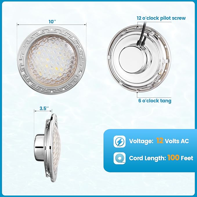 SURAIELEC 12V AC Pool Lights for Inground Pool, 10 inch Underwater Pool Light Replacement, 35W LED, 3000LM, 6000K Cool White, Swimming Pool Light for Pentair Wet Niches, 100FT Cord