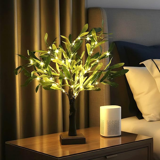 2FT Easter Olive Tree with LED Lights, 30 LED Artificial Twinkle Tree with Timer, Lighted Greenery Tree Bonsai Fairy Tabletop Lamp Tree for Home Decor