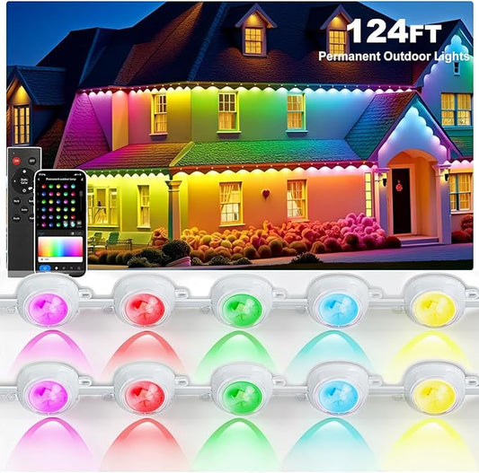 Permanent Outdoor Lights, RGB+IC Christmas Lights Outdoor with 51 Scene Modes, 124ft with 72 LED Outside Light for House, IP67 Waterproof , Work with Alexa, Google Assistant, Quick Installation