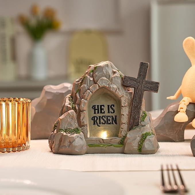 Empty Tomb Easter Decor with LED Lighting, Battery Powered Resurrection Scene for Christian Decoration, Resin HE is Risen Religious Display with Timer, Home Office Tabletop Tray, Shelf Decor