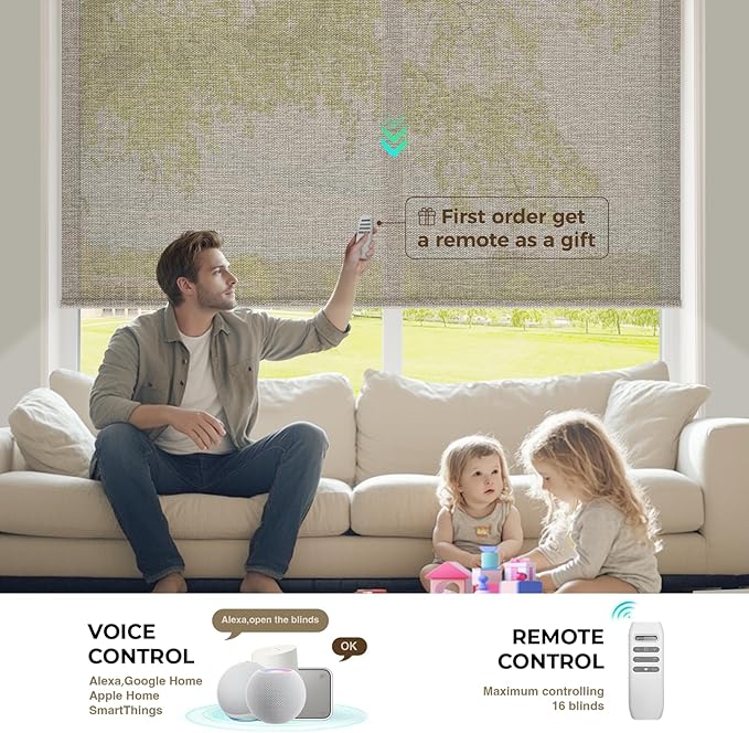 HeyBlinds Motorized Roller Shades, Smart Blinds for Windows, Remote Automatic Window Shades, Electric Shades, Light Filtering, Compatible with Alexa Google Apple Home (Sunbeam-Camel LF)