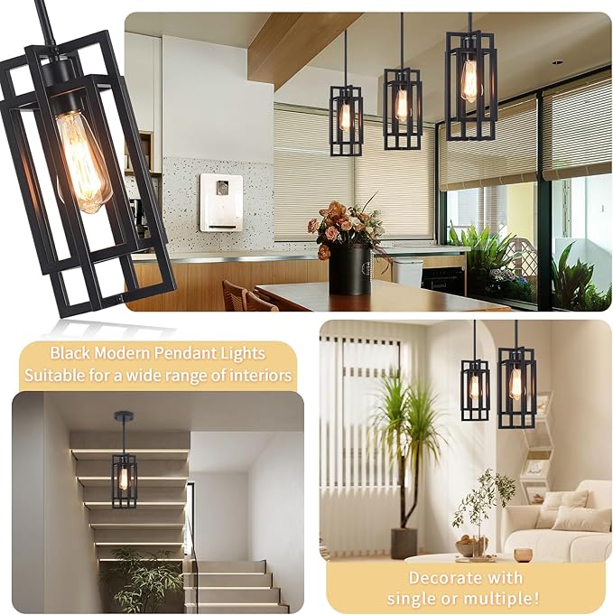 Black Pendant Lights Kitchen Island, Adjustable Modern Pendant Lights Fixture Farmhouse Mini Kitchen Pendant Lighting, Square Pendant Ceiling Hanging for Bedroom Dining Room Entryway Foyer