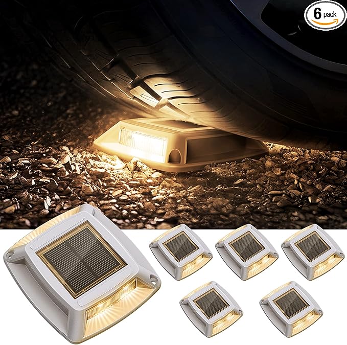 Solar Driveway Lights 6 Pack, Solar Powered IP68 Waterproof Dock Lights, 4 LED Driveway Markers Deck Light for Dock, Pathway, Walkway, Sidewalk, Garden, Yard, Stair, Marine Use (Warm)