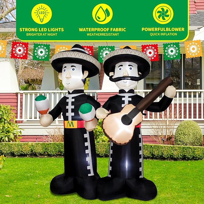 6FT Cinco de Mayo Inflatable Mariachi with LED Lights - Outdoor/Indoor Blow Up Decor for Mexican Fiesta, Halloween, Holiday Parties - Giant Festive Decoration