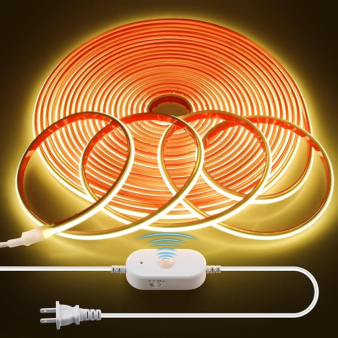 AC 110V Motion Sensor COB LED Strip Light Outdoor Waterproof 40FT/12M Plug In Warm White 3000K High Density 288LED/M Adjustable Time-Delay Flexible Motion Activated Led Light Strip for Cabinet Stairs