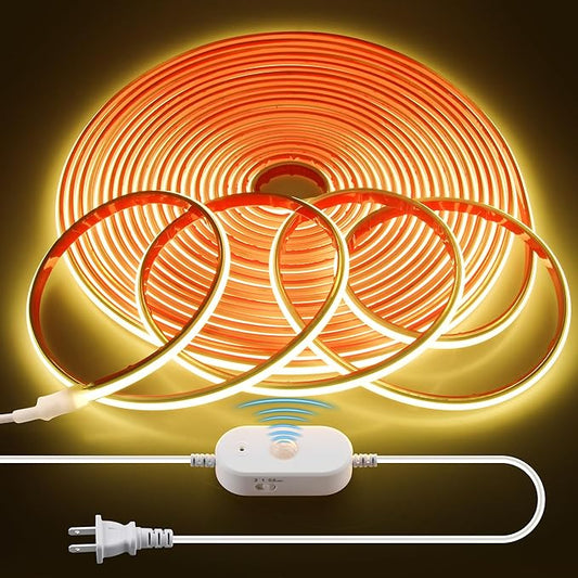 AC 110V Motion Sensor COB LED Strip Light Outdoor Waterproof 40FT/12M Plug In Warm White 3000K High Density 288LED/M Adjustable Time-Delay Flexible Motion Activated Led Light Strip for Cabinet Stairs