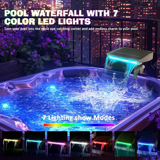 Pool Waterfall Creating Soothing White Noise Sound, Pool Waterfall with Relaxing Sound for Above Ground Pools, Peaceful and Soothing on Hot Days, 7 Colors LED Lights