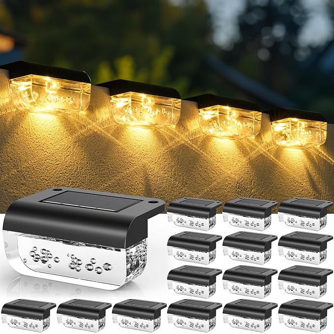 16 Pack Solar Fence Lights, Waterproof Outdoor Solar Step Lights Fence Lights Solar Powered for Outside, Step, Fence, Deck, Stair, Pool and Yard, Warm White