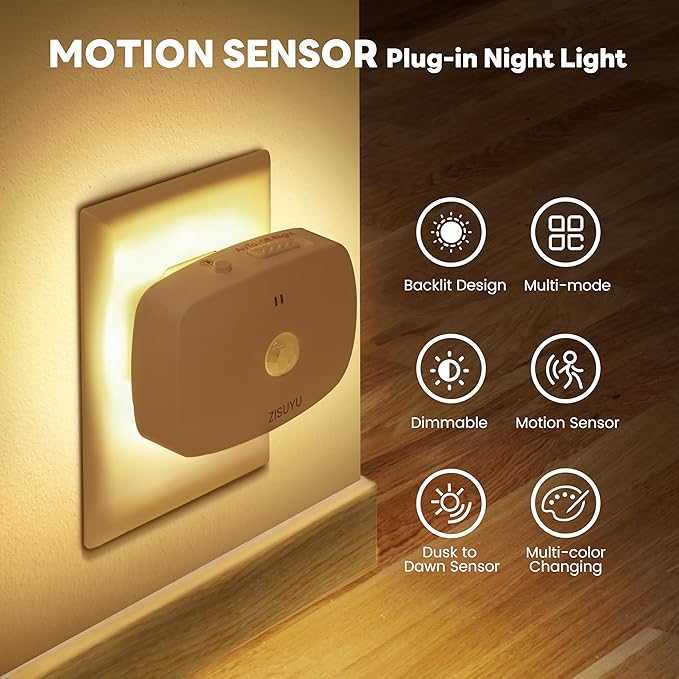 ZISUYU Plug-in LED Backlit Night Light with Motion Sensor & Dusk to Dawn Sensor, 10-60lm Dimmable Nightlight with Multi-Mode & Color-Changing, Ideal for Bedroom, Bathroom, Stairs, Hallway (6 Pack)