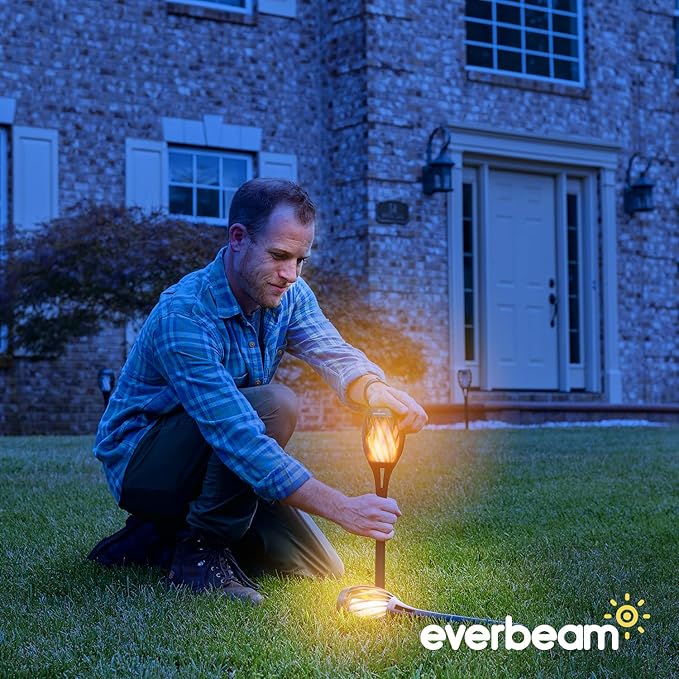 Everbeam P2 Solar Flickering Flame Torch Light - Automatic IP65 Waterproof Solar Tiki Lights with A Stunning Realistic Flame & Distinctive Lampshade - Quick No Tool Installation - 2 Pack