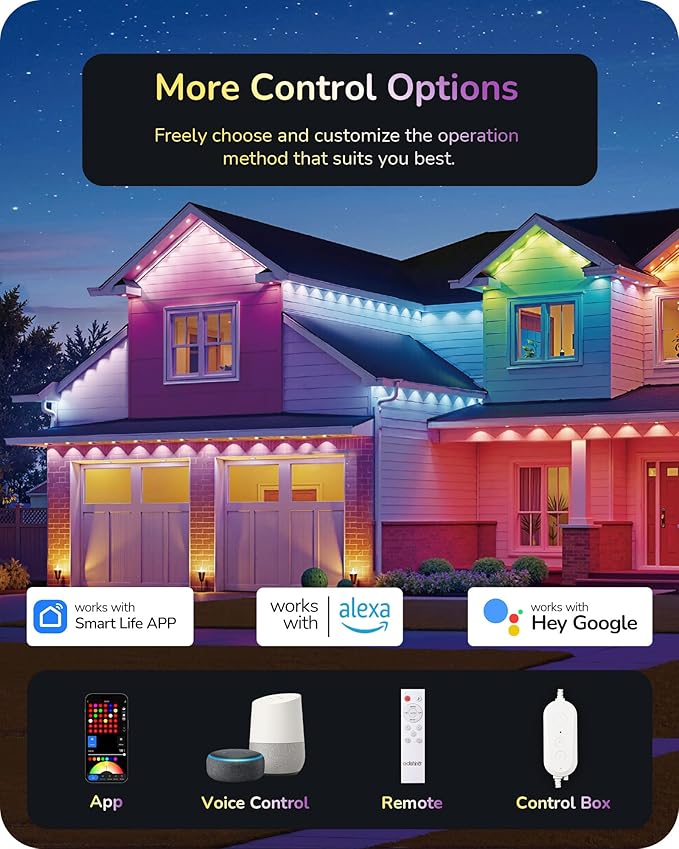 EDISHINE 200ft Cuttable Outdoor Permanent Christmas Lights Pro, 120 LED Smart RGB+IC+Warm White Eave Light, App/Remote, 111 Scene Modes IP67 Waterproof for House and Daily Decor, Alexa Google Enable