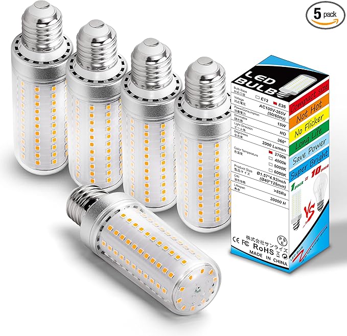 Big 1.57x 4.92 inch, E26 LED Corn Light Bulbs 150 Watt Equivalent 2000 lm,2700K Warm White,15W E27 Medium Base Non-dimmable Candelabra Ceiling Fan Corn Lighting for Home Garage Warehouse Indoor,5Pack