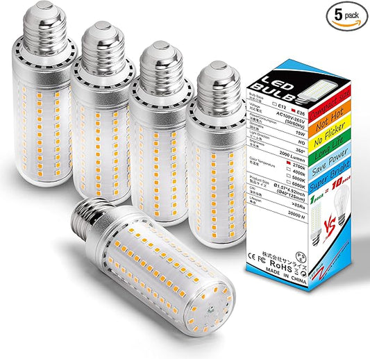 Big 1.57x 4.92 inch, E26 LED Corn Light Bulbs 150 Watt Equivalent 2000 lm,2700K Warm White,15W E27 Medium Base Non-dimmable Candelabra Ceiling Fan Corn Lighting for Home Garage Warehouse Indoor,5Pack