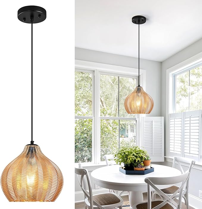 Amber Glass Pendant Lights Kitchen Island 1 Light 10.43 in Glass Globe Pendant Light Fixture Adjustable Modern Farmhouse Pendant Lighting for Bedroom Dining Room (1 Pack)