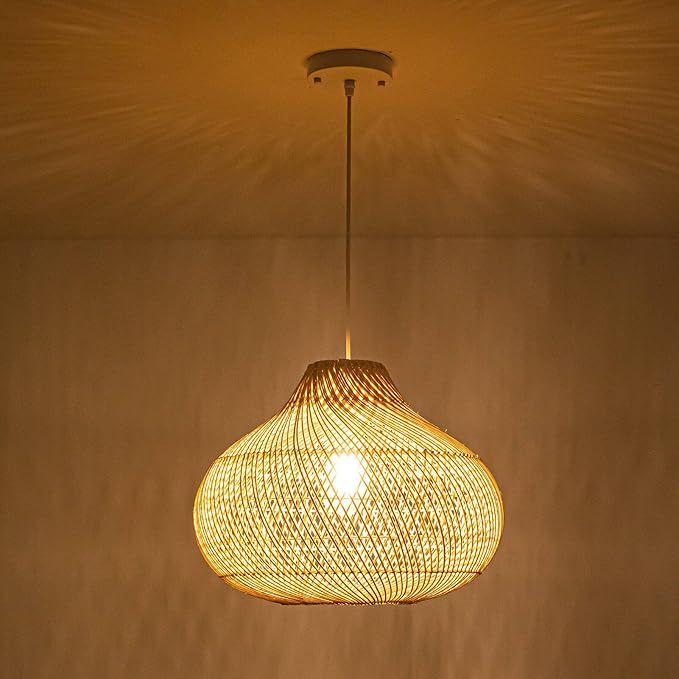 Rattan Pendant Light, 16.5" Hand-Woven Wicker Chandelier Boho Hanging Light Fixture, Farmhouse Natural Raindrop Basket Ceiling Light for Dining Room Kitchen Island Bedroom Living Room, E26