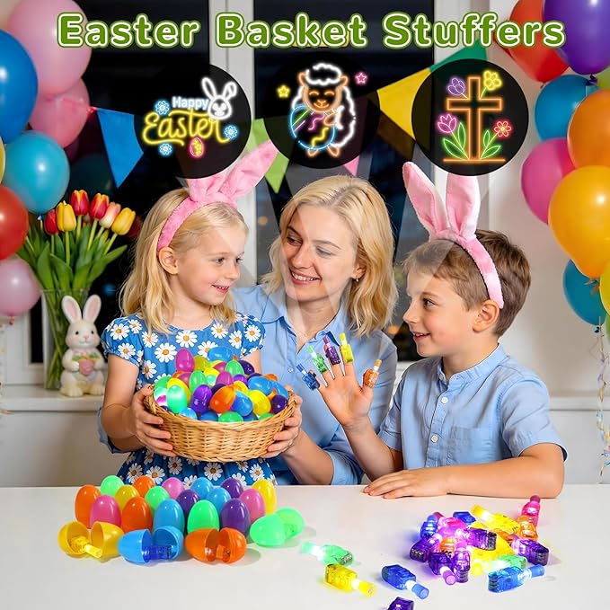 36 Pcs Prefilled Easter Eggs with Light up Finger Lights Toys, Easter Basket Stuffers Party Games, Goodie Bag Fillers, Easter Egg Hunt Party Favors for Boys & Girls