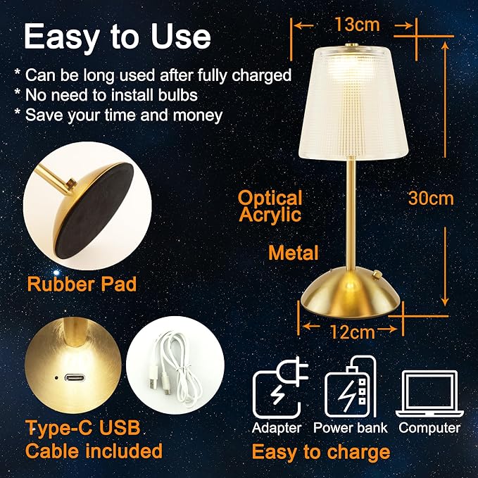 Cordless Table Lamp, 4000mAh Rechargeable Battery Operated Lamp, 3 Color Modes & Stepless Dimmable LED Touch Lamp, Portable Crystal Metal Beside Lamps for Bedroom Restaurant Outdoor(Black)