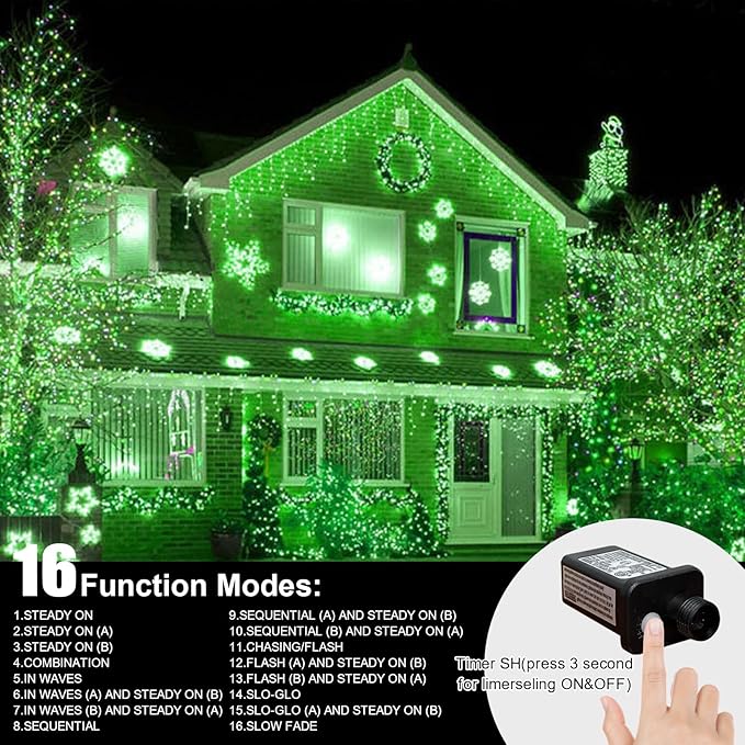 LAMPHOME 99ft St Patricks Day Green String Lights, 300 LED Transparent Wire Fairy StarryMini Light Plug in, 16Lighting Modes for Indoor Outdoor Xmas Tree Wedding Party Decoration