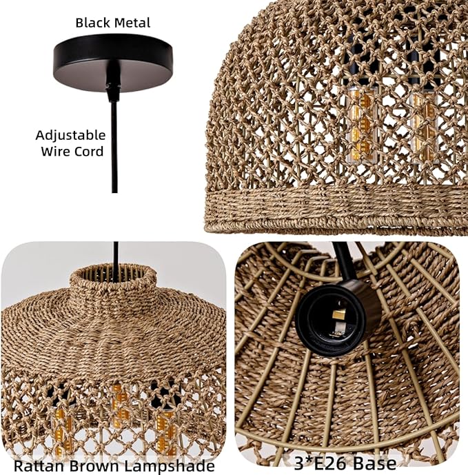 18.9in Rattan Light Hand Woven Wicker Large Pendant Lights Boho Lighting Farmhouse Chandelier Fixture for Living Room Restaurant Kitchen Island Dining Room Hallway Bedroom