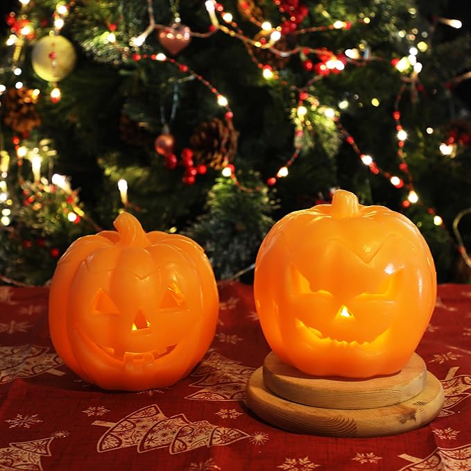 Halloween Smile Lighted Pumpkin with 10-Key Remote, Pumpkin Shaped Flameless Real Wax Flickering Candle with Timer for Home Table Centerpiece Decoration