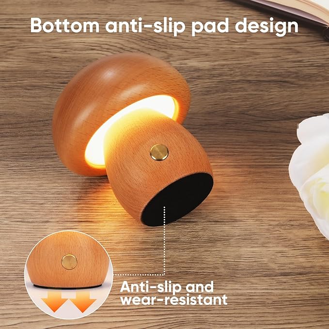 2 Pack Wooden Mushroom Lamp, Portable Cordless Small Rechargeable Battery Operated Lamp,Stepless Dimming, Night Light for Birthday Gifts