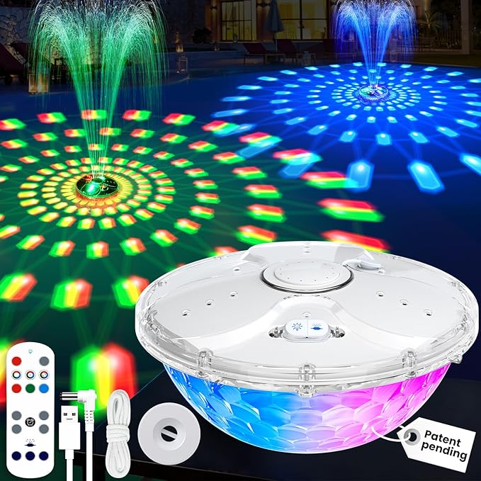 Rechargeable Pool Fountain with Remote,8000mAh Floating LED Pool Fountain with Light,Above Ground Pool Water Fountain Pump,Outdoor Swimming Pool Sprinkler Fountains for Inground Pools Fountain-White