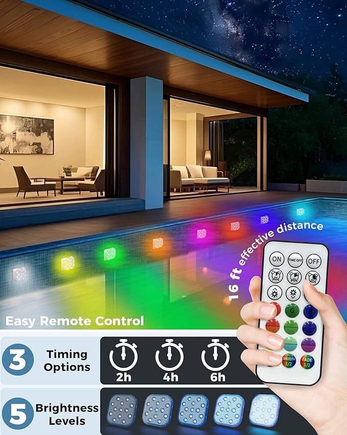 Pool Lights (2 Pack), Submersible LED Light with Remote Control, 5 Adjustable Brightness Levels, 16 Colors & 6 RGB Modes, IP68 Waterproof, 10H Runtime,Installation Accessories Included, (2025 Upgrade)