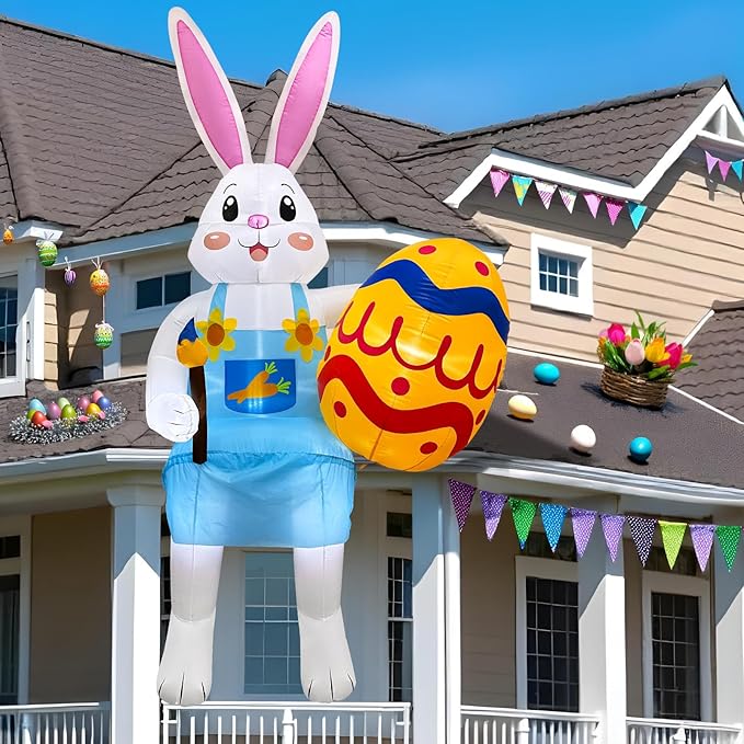 OurWarm 8FT Easter Inflatables Outdoor Decorations, Sitting Bunny with Eggs Holiday Decor, Easter Blow Ups for Outside Spring Lawn Yard Roof Party Supplies