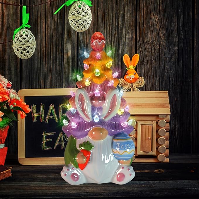 Timer - Easter Decorations for Home - Light up Easter Bunny Decor Spring Gnome Ceramic Tree Decor - Spring Decorations Centerpieces for Tables