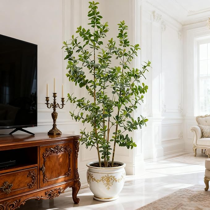 Premium 4 Main Trunks 7 ft Faux Black Olive Tree, Realistic Olive Trees Artificial Indoor, Low-Maintenance Fake Tree, Ideal Artificial Tree for Home Office Décor (Greens, 7 ft)