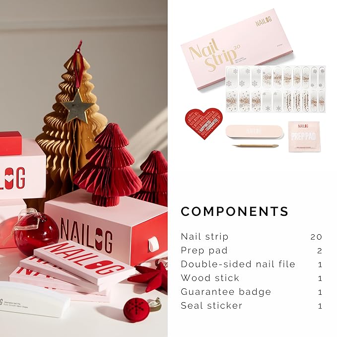 NAILOG Semi Cured Gel Nail Strips (20 Extra Long Nail Polish Strips) │ Long Lasting Gel Nail Stickers, Nail Wraps with Glossy Gel Finishing (Snowflake)