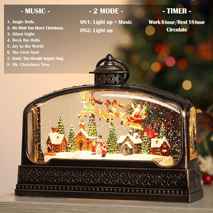 Christmas Snow Globes Village Snow Globe Lantern, Lighted Christmas Decorations Indoor for Home with Music Timer Glitter, Santa Claus Scene Musical Festival Gifts, USB & Battery Operated