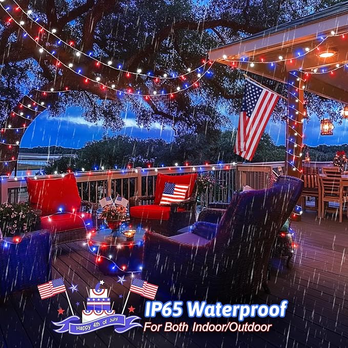 Red White and Blue Lights String for 4th of July Decorations Outdoor Total 100 LED 33ft for Memorial Day Decorations, Battery Operated Waterproof Timer Patriotic for Independence Day, 2-Pack