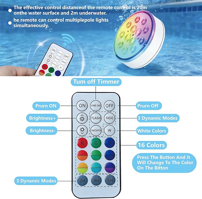 Upgraded Magnetic Pool Lights for Above ground and inground pool, Rechargeable Underwater RGB 16 Colors Submersible LED Lights with Remote & Timer Off, for Hot Tubs, Fountains, Party, Vase - 2 Pack