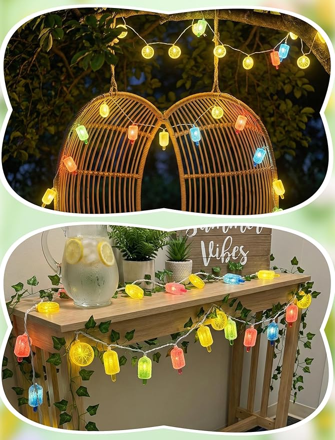 8.5Ft LED Popsicle and Lemon String Lights, Hawaiian Beach Decorations Lights with 10 Multicolor Popsicle and Yellow Lemon Bulbs, Summer Tropical Themed Fairy Lights for Home Party Holiday Camping